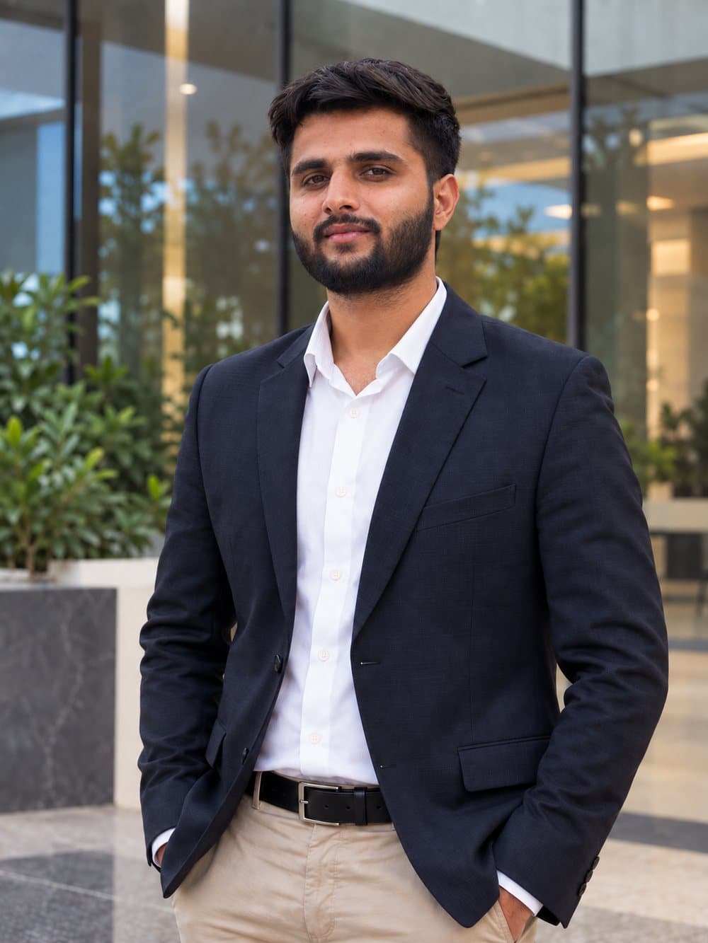 Jay Gajjar, in a dark blazer and white shirt, standing outside a glass-fronted office building.